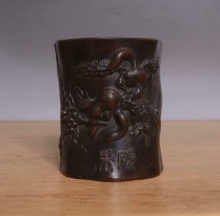 Jiaqing Signed Antique Chinese Carved Rosewood Brush Pot W/grape