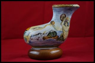 Antique Italian Maiolica Rhyton Vase Cup Hand Painted Urbino / 18th Napoli Italy