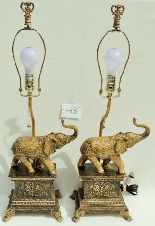 Pair Vintage Ornate Gold Figural ELEPHANT Claw Foot Pull Chain Table Lamps 5481 10