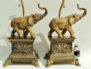 Pair Vintage Ornate Gold Figural ELEPHANT Claw Foot Pull Chain Table Lamps 5481 2