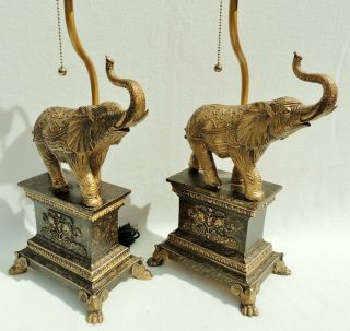 Pair Vintage Ornate Gold Figural ELEPHANT Claw Foot Pull Chain Table Lamps 5481 3