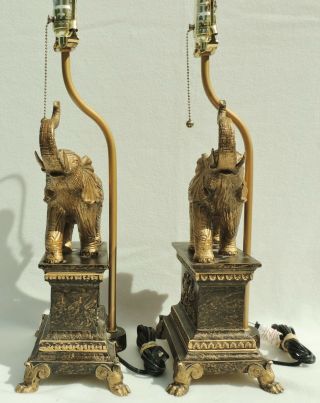 Pair Vintage Ornate Gold Figural ELEPHANT Claw Foot Pull Chain Table Lamps 5481 6