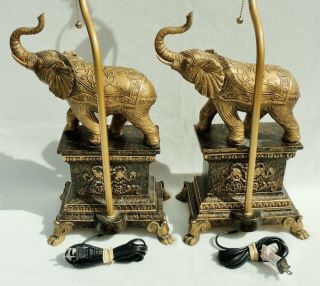 Pair Vintage Ornate Gold Figural ELEPHANT Claw Foot Pull Chain Table Lamps 5481 7
