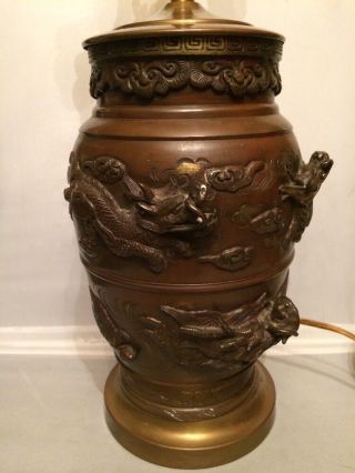 Antique Large Chinese Bronze Brass Vase As Lamp W Dragon Phoenix Turtle