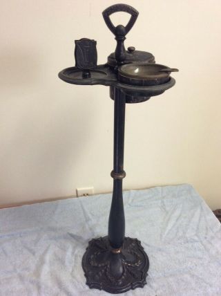 Vintage Cast Iron Pedestal Smoking Stand W/ Match Holder,  Ashtray & Canister