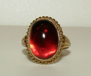 , Antique Victorian 9 Ct Gold Foiled Back Ring With Cabochon Garnet