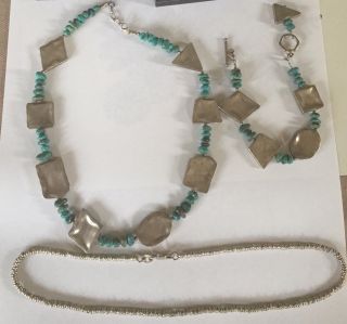 Unusual Arts & Crafts Silver Turquoise Necklace & Bracelet & Silver Bead Chain