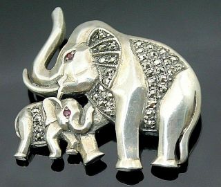 Vintage Ruby Accents Marcasites Elephant Mom And Baby Sterling Silver Brooch Pin