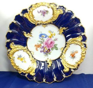 Antique Meissen 9 " Porcelain Bowl Dish Plate Floral Cobalt Blue Gold Gilt