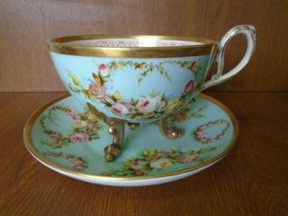 Rare Large Antique / Vintage Tea Cup & Saucer - Floral Turquoise Pink & Gilt