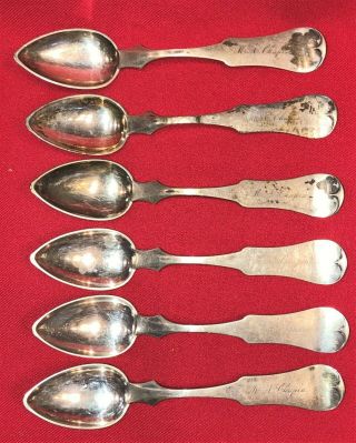 Six Antique Civil War Era F.  H.  Clark & Co Coin Silver Tea Spoon Memphis Tenn.