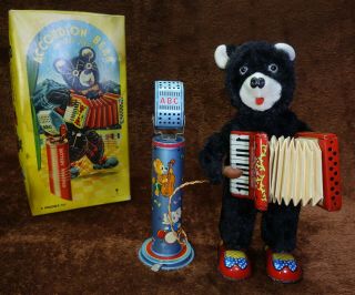 50s Accordion Bear W/microphone Vintage Battery Operated Tin Toy Japan Boxed