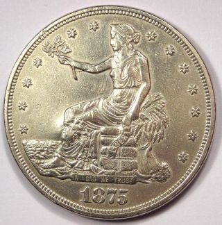 1875 - Cc Trade Silver Dollar T$1 - Au Details Chop Mark - Rare Carson City Coin