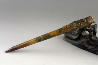 6.  9  Chinese Old Yellow Green Jade Hand - Carved Phoenix Head Hairpin 0493