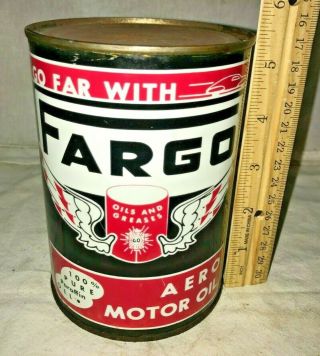 Antique Fargo Aero Motor Oil Tin Litho 1qt Can Vintage Ft Worth Tx Texas Gas Old