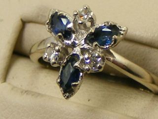 Antique Heirloom 14K White Gold Blue Sapphire and Diamond Ring Size 5.  5 3