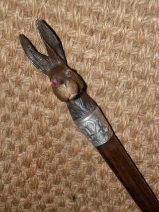 Antique Walking Stick With Hand - Carved Hare Top And Repoussé Silver Collar