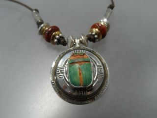 Gorgeous Vintage Sterling Silver Tabra Egyptian Scarab Necklace W/jasper & Beads