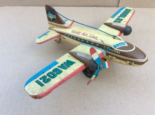 Vtg Japan Friction Tin Toy Airplane Bandai Douglas Airplane World Air Line 1950s