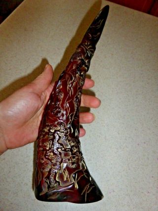 Old Chinese Ox Horn Carved Elaborate Figurines Old Man Wise Trees 11.  5 " Carving