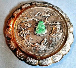 Antique Fine Quality Chinese Export Silver Jade Inset Signd Compact Figural 1900