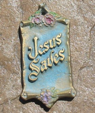 Vtg Mitchell Cast Metal Religious Sign Jesus Saves Floral Gilded Scroll Plaque