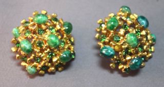 Rare Christian Dior Vintage Gold Tone Filigree And Faux Jade Cabochon Earrings