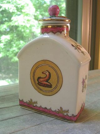 Chinese Export Famille Rose Porcelain Tea Caddy W Lid Gold Chimera