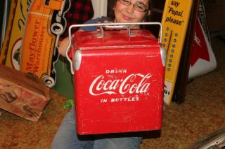 Rare Vintage 1950 ' s Coca Cola Soda Pop Acton Junior Picnic Cooler Metal Sign 3