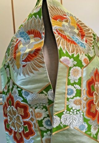 Vintage Japanese Embroidered Silk Metallic Kimono Obi With Floral Motif