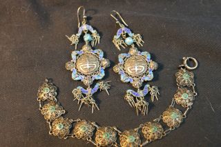Antique Blue Enamel Butterfly Chinese Silver Dangle Cloisonne Earrings Bracelet