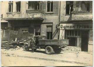 Wwii Large Size Press Photo: Russian Army Truck At Devastated Berlin Street 1945