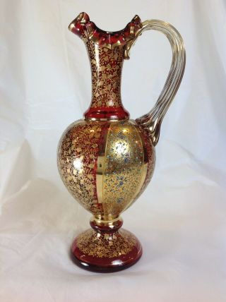 Antique Moser Bohemian Cranberry Glass Enamel Gilt Gold Red Footed Ewer Floral