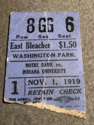 1919 Notre Dame Vs Indiana At Indianapolis Football Ticket Stub - Rare 1st Champs