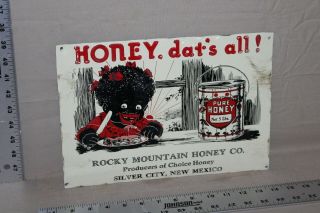 Rare Vintage Rocky Mountain Honey Embossed Tin Tacker Sign Black American Gas 66