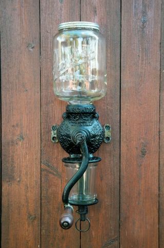 Antique Arcade Crystal No 3 Cast Iron Wall Mount Coffee Grinder W/orig Catch Cup