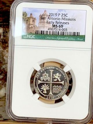 2019 - P San Antonio Missions Quarter Ngc Ms 69 Top Pop Early Releases - Rare