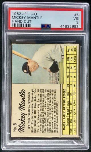 1962 Jell - O 5 Mickey Mantle Psa 3 Ultra - Rare Pop 4 (only 8 Higher) Jello