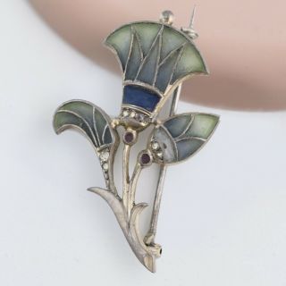 Antique Art Nouveau Plique A Jour Enamel 900 Silver Paste Brooch Pin