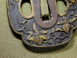 RARE MINO - School TSUBA Flowers 18 - 19thC Japanese Edo Samurai Koshirae Antique 6