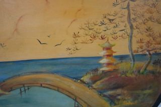Antique Japanese Folk Art Wood Tray Oil Painting of Pagoda Landscape Scene 17 