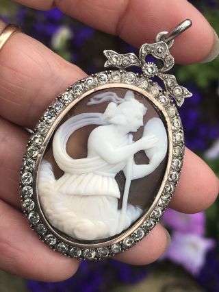 Antique Victorian Sterling Silver Diamond Paste Carved Shell Cameo Pendant