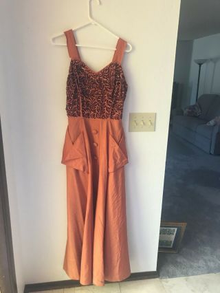 Vintage 1940s Emma Domb Brand Burnt Orange Sequined Formal Dress With Pockets