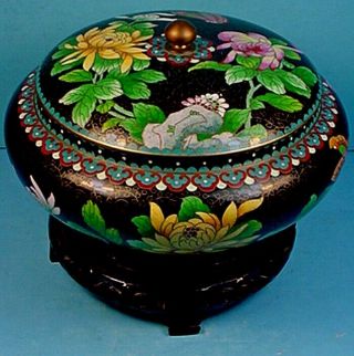 Large 10” Vintage Chinese Cloisonne Enamel Lidded Round Chrysanthemum Box