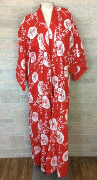 Vintage Marukyo Women’s Kimono Robe Floral Red White 100 Cotton Japan