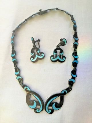 Margo De Taxco Vintage Enamel Sterling Choker Necklace & Earrings Set