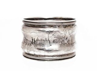 Antique German Silver Napkin Rings With Railroad - Themed Scenes