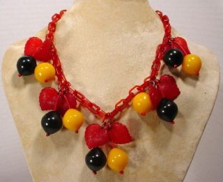 Vintage Celluloid Chain Cherry Fruit Bakelite Charms Necklace