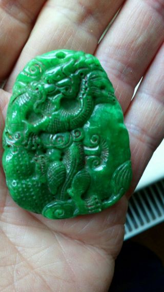 Vintage Green Chinese Jade / Jadeite Pendant Hand Carved Dragon Etc Vgc