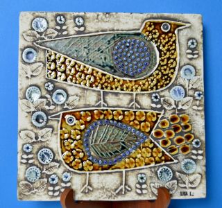 Vintage Lisa Larson Handmade Clay Ceramic Two Bird Wall Tile Plaque
